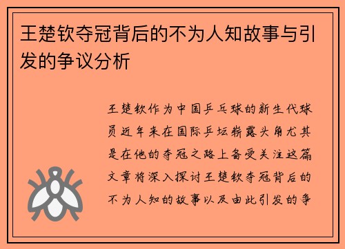 王楚钦夺冠背后的不为人知故事与引发的争议分析