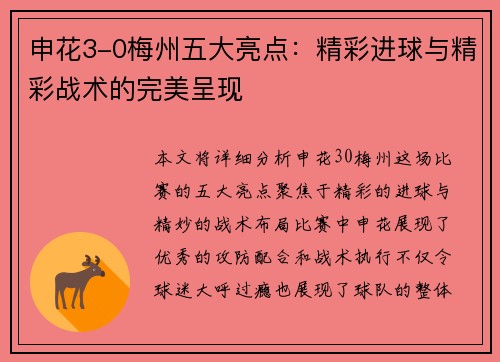 申花3-0梅州五大亮点：精彩进球与精彩战术的完美呈现